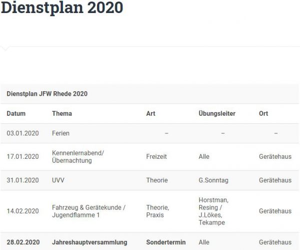 Neuer Dienstplan 2020